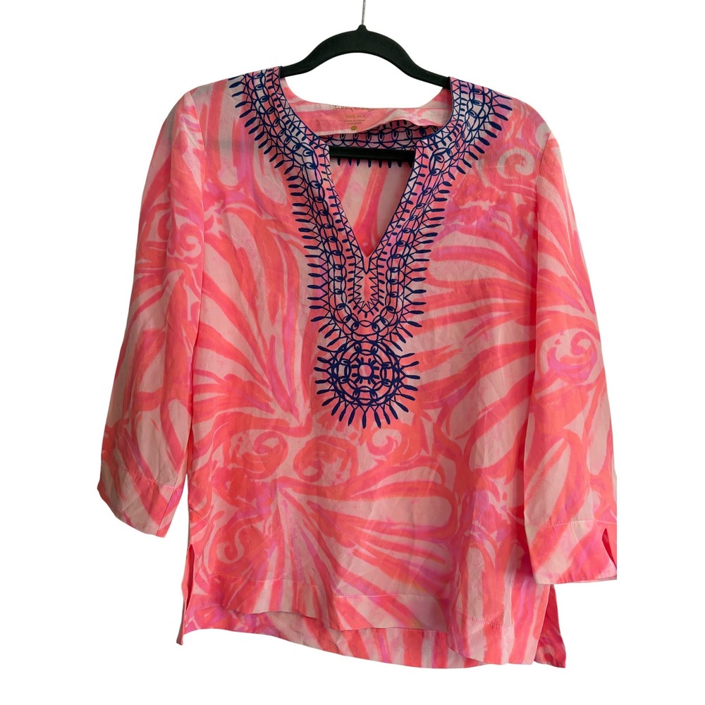 Lilly Pulitzer Silk Tunic Top Pink Orange Swirl Blue Embroidered‎ V-Neck XS